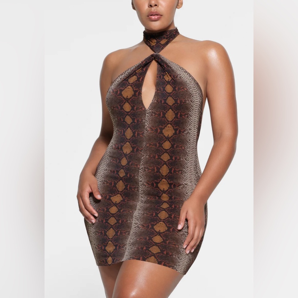 Skims Summer Mesh Halter Mini Dress Desert Snake Print